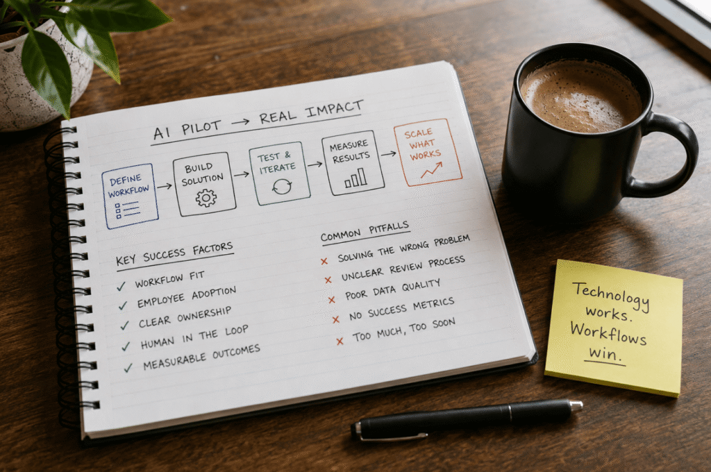 AI pilot workflow connecting technology, employees, and business outcomes