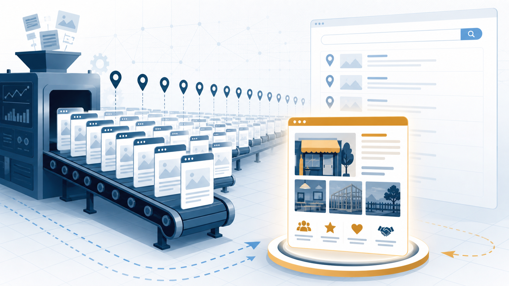 A conveyor producing generic city landing pages beside one carefully built page with genuine local evidence